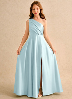 Azazie Puddles Girls Formal Robe Demoiselle D'honneur Fillette Robe Trapèze en Satin extensible Une épaule Bleu Nuage image5
