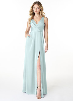 Azazie Nelly Bridesmaid Dresses Sea Glass A-Line V-Neck Pleated Stretch Satin Dress image1