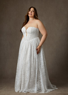 Azazie Lorena 웨딩드레스 A라인 스트랩리스 레이스 스윕 트레인 드레스 image11