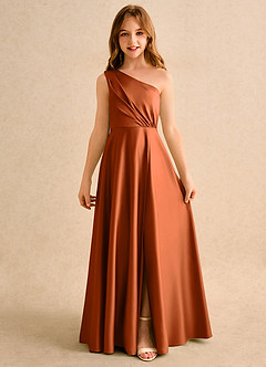 Azazie Puddles Girls Formal Flower Girl Dresses Burnt Orange A-Line One Shoulder Matte Satin Dress image4