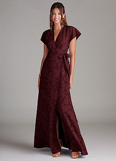 Azazie Ling Bridesmaid Dresses Cabernet A-Line Pleated Floral Burnout Dress image3