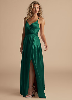 Azazie Davis Bridesmaid Dresses Emerald A-Line Pleated Metallic Satin Dress image5