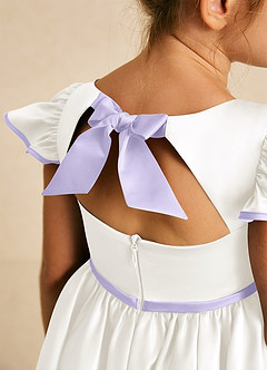 Azazie Sugar Plum Flower Girl Dresses Ivory Lilac A-Line Bow Matte Satin Dress image4