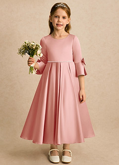 Azazie Eliza Flower Girl Dresses Rosette A-Line Pleated Matte Satin Dress image4