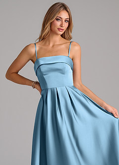 Azazie Lucienne Bridesmaid Dresses Steel Blue A-Line Pleated Stretch Satin Dress image2