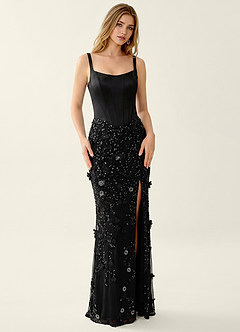Belinda Schwarz Meerjungfrauen-Abendkleid mit 3D-Blumen-Korsett und Schnürung am Rücken image3