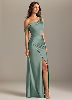 Azazie Madelyn Robes de demoiselle d'honneur Robe Sirène Convertible en Satin extensible Une épaule Sauge D'argent image4