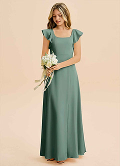 Azazie Bondi Junior A라인 사이드 슬릿 스트레치 새틴 플로어 길이 주니어 신부 들러리 드레스 image5