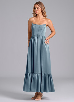Azazie Leilana Robes de demoiselle d'honneur Robe Trapèze en Satin extensible Corset Bleu Poussiéreux image5
