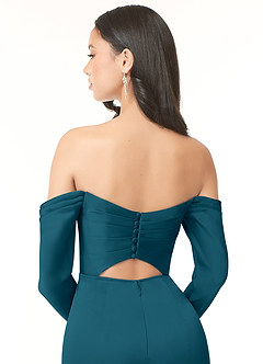 Azazie Hallie Vestidos de damas de honor Vestido de Azul Tinta de Satén Elástico de Corte Recto Convertible con Manga larga con hombros descubiertos image6