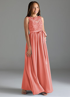 Azazie Elly Junior Coral A-Line Lace Chiffon Dress image4