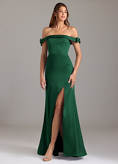 Azazie Zayla Bridesmaid Dresses Dark Green A-Line Off the Shoulder Stretch Satin Convertible Dress image1
