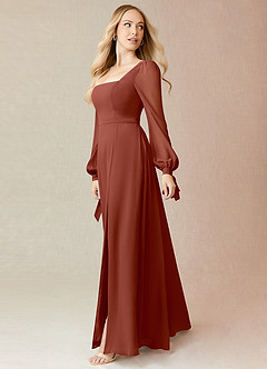 Azazie Leonia Bridesmaid Dresses Auburn A-Line Long Sleeve Chiffon Dress image4