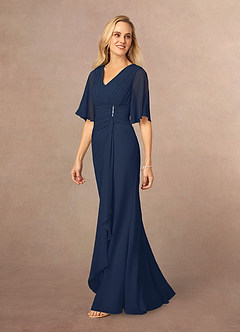Azazie Carson vestidos de madre de la novia Vestido de Azul Marino Oscuro de Gasa de Corte En A con Encaje de cuello en V image2