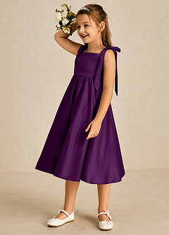 Azazie Chelsie Flower Girl Dresses Grape A-Line Bow Matte Satin Dress image4