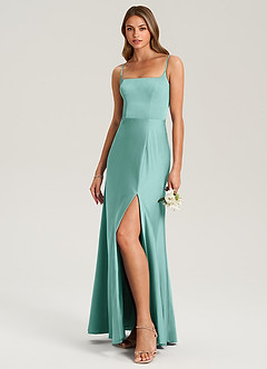 Azazie Lidia Vestidos de damas de honor Vestido de Aqua de Satén Elástico de Corte Sirena con Corte Lateral image3