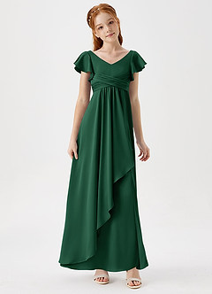 Azazie Omari Junior Dark Green A-Line Pleated Stretch Satin Dress image3