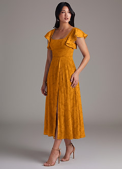 Azazie Bondi Brautjungfernkleider A-Linie Gestreift Blumen-Burnout Kleid Butterscotch image3