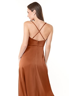 Azazie Naomie Bridesmaid Dresses Copper A-Line Cowl Neckline Side Slit Stretch Satin Dress image3