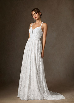 Azazie August Wedding Dresses Diamond White A-Line Lace Dress image5