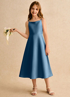 Azazie Jaella Girls Formal Blomsterpigekjoler A-Line Plisseret Mat satin Te-længde Kjole image2