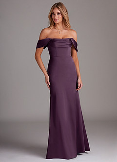 Azazie Saige Bridesmaid Dresses Plum Sheath Off the Shoulder Stretch Satin Dress image4