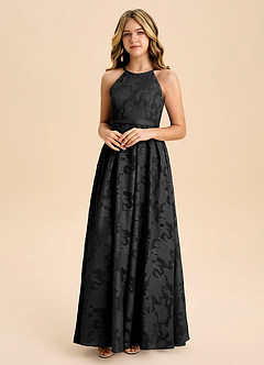 Azazie Arianthe Junior Abito A-Line in Burnout Floreale Plissettato Nero image4
