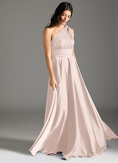 Azazie Charlize Bridesmaid Dresses Blushing Pink A-Line One Shoulder Stretch Satin Dress image3
