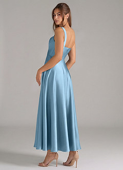 Azazie Shaude Bridesmaid Dresses Steel Blue A-Line Pleated Stretch Satin Dress image7