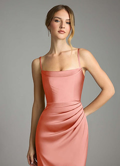 Azazie Leonis Bridesmaid Dresses Coral Mermaid Pleated Stretch Satin Convertible Dress image3