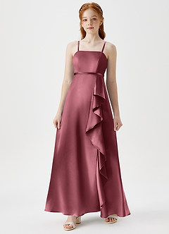 Azazie Kaylee Junior Robe Trapèze en Satiné métallisé avec ceinture Rose Du Désert image3