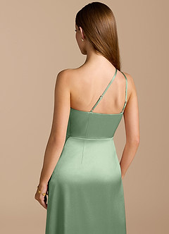 Azazie Trina Final Sale Matcha A-Line One Shoulder Metallic Satin Dress image2