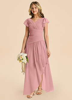 Azazie Pia Junior Robe Trapèze en Mousseline de soie Plissée Rose Poussiéreuse image1