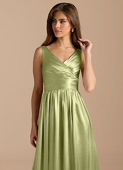 Azazie Keyla Bridesmaid Dresses Pistachio A-Line Pleated Metallic Satin Dress image8