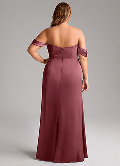 Azazie Saige Bridesmaid Dresses Desert Rose Sheath Off the Shoulder Stretch Satin Dress image12