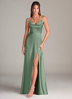 Azazie Sarella Bridesmaid Dresses Matcha A-Line Pleated Stretch Satin Dress image1