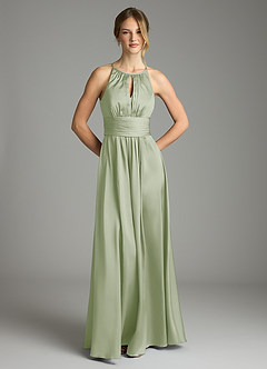 Azazie Bonnie Bridesmaid Dresses Dusty Sage A-Line Pleated Stretch Satin Dress image3