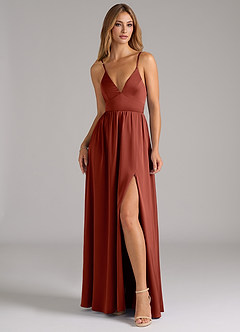 Azazie Aaida Bridesmaid Dresses Terracotta A-Line Corset Stretch Satin Dress image4