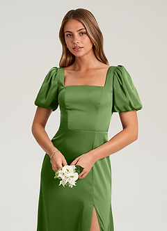 Azazie Fyona Jurken voor bruidsmeisjes Jurk van Stretch Satijn met A-Lijn Geplooid Basilicum image12