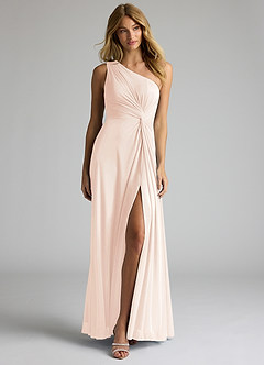 Azazie Brooke Bridesmaid Dresses Blushing Pink A-Line One Shoulder Mesh Dress image4