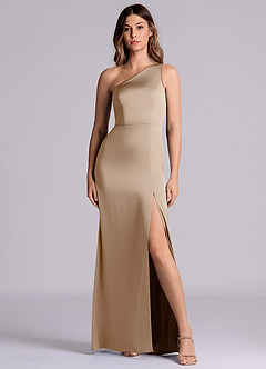 Azazie Phaedra Bridesmaid Dresses Taupe A-Line One Shoulder Stretch Satin Dress image4