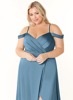 Azazie Ocean Robes de demoiselle d'honneur Robe Trapèze en Satin extensible Col V plissé Acier Bleuté image10