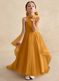 Azazie Bev Robe Demoiselle D'honneur Fillette Robe Trapèze en Tulle Convertible Caramel écossais image4
