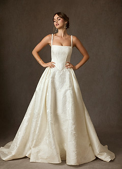 Azazie Delvina Wedding Dresses Antique White Ball-Gown with Pockets Floral Jacquard Dress image1
