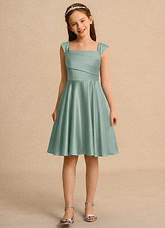 Azazie Budle Girls Formal Flower Girl Dresses Silver Sage A-Line Pleated Matte Satin Dress image4