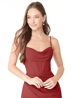 Azazie Mai Bridesmaid Dresses Rust Sheath Pleated Chiffon Dress image5