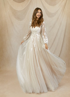 Azazie Anadia Wedding Dresses Diamond White Nude A-Line V-Neck Tulle Dress image3
