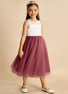 Azazie Lina Flower Girl Dresses Ivory Merlot Ball-Gown Lace Dress image3