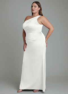 Azazie Akilah Robes de demoiselle d'honneur Robe Sirène en Satin extensible Asymétrique Blanc image11