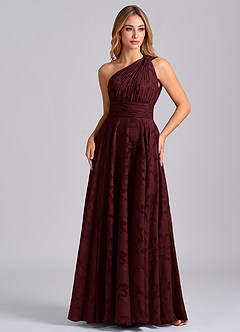 Azazie Charlize Bridesmaid Dresses Cabernet A-Line One Shoulder Floral Burnout Dress image5